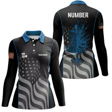 Load image into Gallery viewer, Blue black American flag Womens disc golf polo shirt custom name, number patriotic disc golf jerseys NQS7328