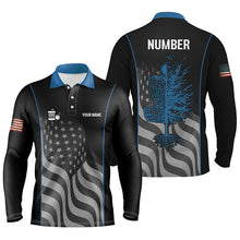 Load image into Gallery viewer, Blue black American flag Mens disc golf polo shirt custom name, number patriotic disc golf jerseys NQS7328