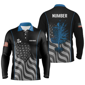 Blue black American flag Mens disc golf polo shirt custom name, number patriotic disc golf jerseys NQS7328