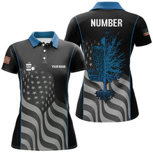 Load image into Gallery viewer, Blue black American flag Womens disc golf polo shirt custom name, number patriotic disc golf jerseys NQS7328