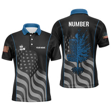 Load image into Gallery viewer, Blue black American flag Mens disc golf polo shirt custom name, number patriotic disc golf jerseys NQS7328