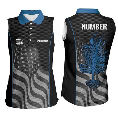 Blue black American flag Women sleeveless polo shirt custom name, number patriotic disc golf jerseys NQS7328