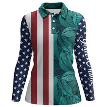 Load image into Gallery viewer, Womens golf polo shirts American flag patriotic custom tropical leaf pattern golf shirts for women NQS5310