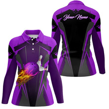 Load image into Gallery viewer, Personalized Women polo Shirt Flame Bowling Ball Pins, bowling  jerseys for bowlers | Purple NQS6440