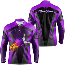 Load image into Gallery viewer, Personalized Mens polo Shirt Flame Bowling Ball Pins, bowling  jerseys for bowlers | Purple NQS6440