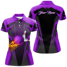 Load image into Gallery viewer, Personalized Women polo Shirt Flame Bowling Ball Pins, bowling  jerseys for bowlers | Purple NQS6440