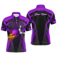 Load image into Gallery viewer, Personalized Mens polo Shirt Flame Bowling Ball Pins, bowling  jerseys for bowlers | Purple NQS6440