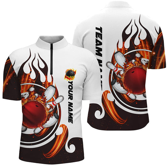 White Bowling Quarter Zip Shirt for men Custom flame bowling ball pins Jerseys bowler shirts NQS6449