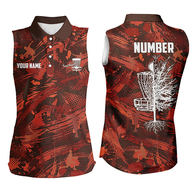 Womens sleeveless polo shirt custom red camo Disc Golf Basket Tree jerseys, disco golf outfit NQS6685