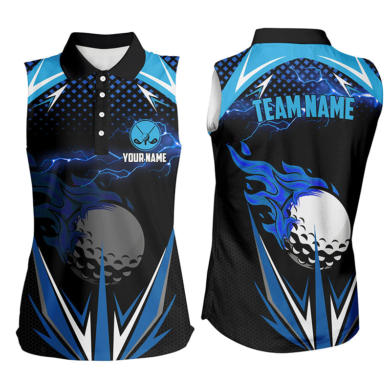 Black Womens sleeveless polo shirt custom blue lightning team golf jerseys, golf attire for women NQS6688