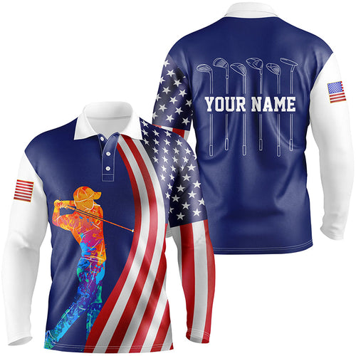 American flag golf clubs Mens golf polo shirt custom watercolor golf clothes for men, unique golf gift NQS6894