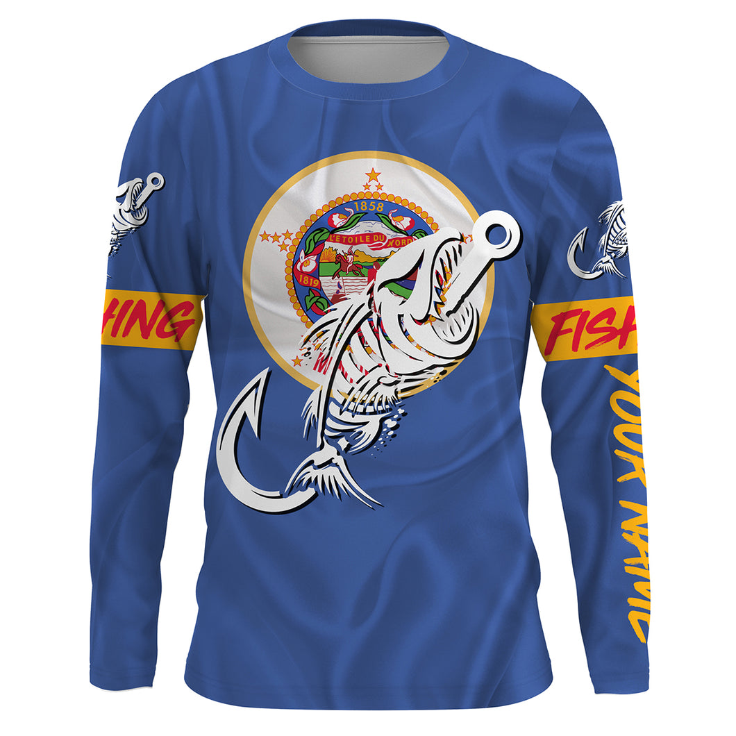 MN Fishing Custom Minnesota Flag Fish hook skull Custom sun protection fishing shirts for men, women NQS3350