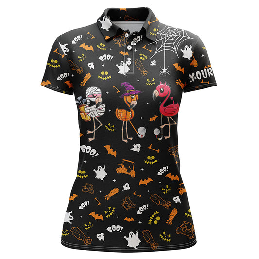 Funny women golf polo shirt orange black Halloween background custom name Flamingo golf friends NQS3974
