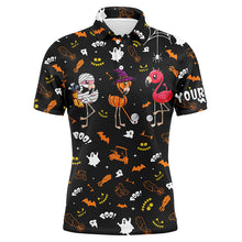 Load image into Gallery viewer, Funny Mens golf polo shirt orange black Halloween background custom name Flamingo golf friends NQS3974