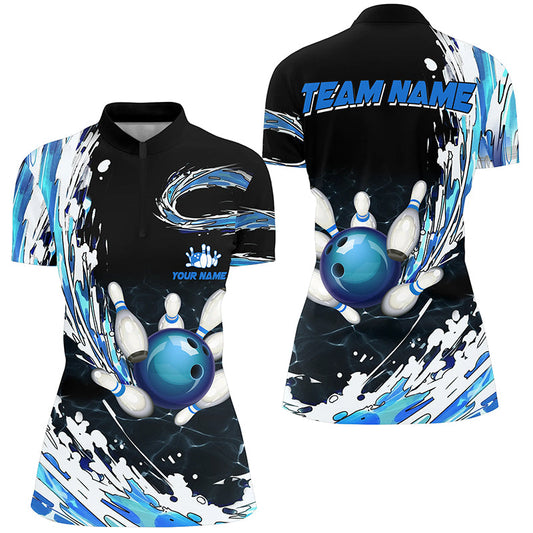 Blue Bowling Womens Quarter Zip Shirt Custom bowling ball pins black bowling team league Jerseys NQS6461