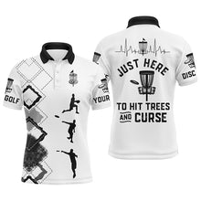 Load image into Gallery viewer, Black white Mens disc golf polo shirt custom name Just here to hit trees and curse, disc golf shirts NQS4603