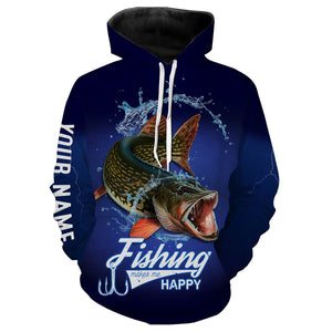 Fishing Makes Me Happy Northern Pike Fishing 3D All Over printed Customized Name Shirts For Adult And Kid NQS318