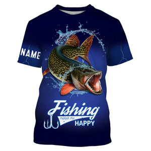 Fishing Makes Me Happy Northern Pike Fishing 3D All Over printed Customized Name Shirts For Adult And Kid NQS318