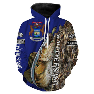 Walleye fishing Michigan Flag Customized name 3D All Over print shirts personalized fishing apparel for Adult and kid NQS515