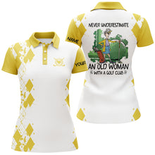 Load image into Gallery viewer, Custom name 3D women golf polo shirts multi-color never underestimate an old woman with a golf club NQS3658