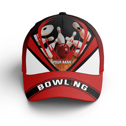 Custom name Red and black Bowling Hat, Bowling Baseball Cap For Men, Women, Bowling Team Bowler Gift NQS5051