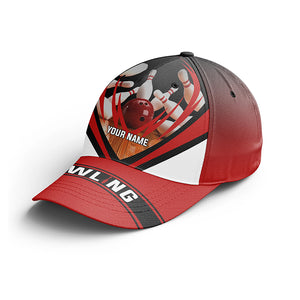 Custom name Red and black Bowling Hat, Bowling Baseball Cap For Men, Women, Bowling Team Bowler Gift NQS5051