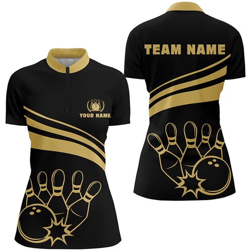 Personalized bowling Quarter Zip shirts for women, gold womens bowling shirts team bowl jersey | Black NQS6708
