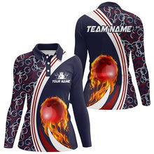 Load image into Gallery viewer, Bowling Polo Shirts For Women Custom camo flame bowling ball fire Bowling Team League Jerseys | Navy NQS6716