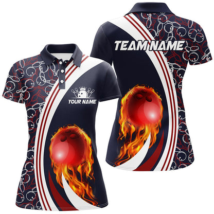 Bowling Polo Shirts For Women Custom camo flame bowling ball fire Bowling Team League Jerseys | Navy NQS6716