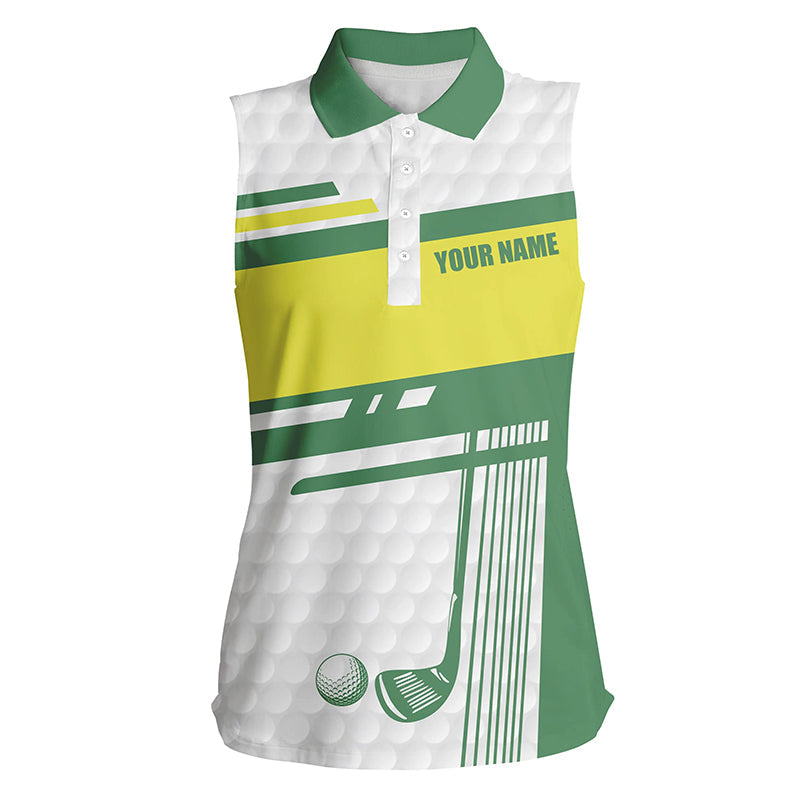 Womens Sleeveless golf polos shirts custom white, green and yellow golf clubs golf tops for ladies NQS7204