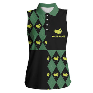 Womens Sleeveless golf polos shirts custom green and black argyle pattern golf tops for ladies NQS7202