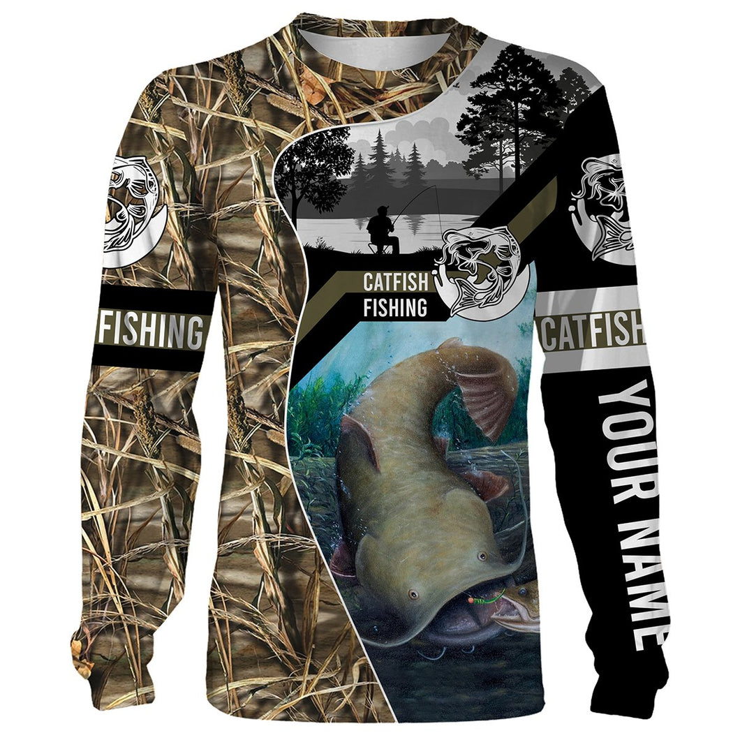 Flathead Catfish Fishing Camo Customize Name All Over Printed Shirts Personalized Fishing Gift For Adult And Kid NQS386