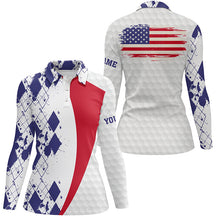 Load image into Gallery viewer, Womens golf polos shirts custom American flag red white blue argyle pattern white golf ball womens top NQS6474