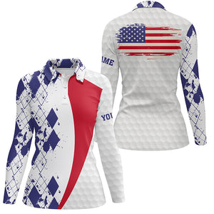 Womens golf polos shirts custom American flag red white blue argyle pattern white golf ball womens top NQS6474