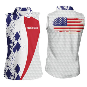 Womens sleeveless polo shirt custom American flag blue argyle pattern white golf ball womens tops NQS6474