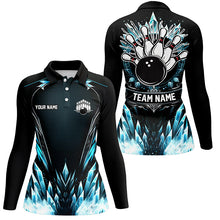 Load image into Gallery viewer, Icy Blue Light Women bowling polo shirt Custom black team bowling jerseys for ladies, gift for bowlers NQS7212