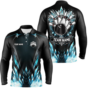 Icy Blue Light Mens polo bowling shirts Custom black team bowling jerseys for men, gifts for bowlers NQS7212