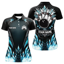 Load image into Gallery viewer, Icy Blue Light Women bowling polo shirt Custom black team bowling jerseys for ladies, gift for bowlers NQS7212