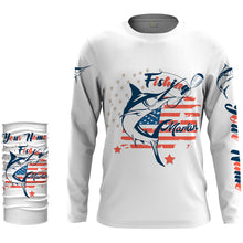 Load image into Gallery viewer, Marlin fishing American flag patriot 4th July Customize name long sleeves UV protection fishing shirts NQS2032