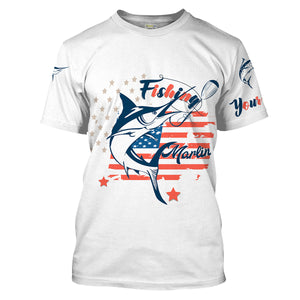 Marlin fishing American flag patriot 4th July Customize name long sleeves UV protection fishing shirts NQS2032