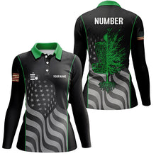 Load image into Gallery viewer, Green black American flag Womens disc golf polo shirt custom name, number patriotic disc golf jersey NQS6250