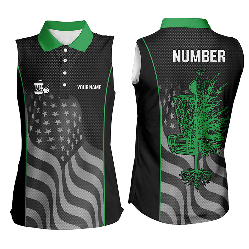 Green black American flag Women sleeveless polo shirt custom name, number patriotic disc golf jersey NQS6250