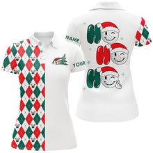 Load image into Gallery viewer, Christmas golf ball Ho Ho Ho Womens golf polo shirt custom red, white, green argyle pattern golf gift NQS6725