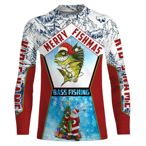 Merry fishmas Bass Fishing custom name sun protection long sleeve fishing shirts, Santa fishing jersey NQS4455