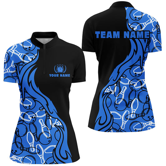 Custom Black blue bowling shirt for women – personalized team jersey front view