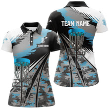 Load image into Gallery viewer, Women disc golf polo shirts custom blue camo disc golf basket team disco golf outfit NQS6256