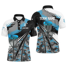 Load image into Gallery viewer, Mens disc golf polo shirts custom blue camo disc golf basket disco golf outfit, team disc golf apparel NQS6256