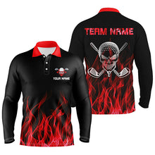 Load image into Gallery viewer, Black Mens golf polo shirts custom red flame skull golf clubs, personalized golf gifts for men NQS6258
