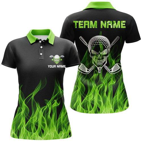 Black Womens golf polo shirt custom green flame skull golf clubs, personalized golf gifts for women NQS6259