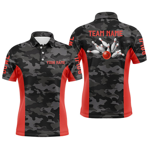 Mens Bowling polo shirts Custom gray camo Bowling Team Jersey, Bowling Team League Shirt | Red NQS7094